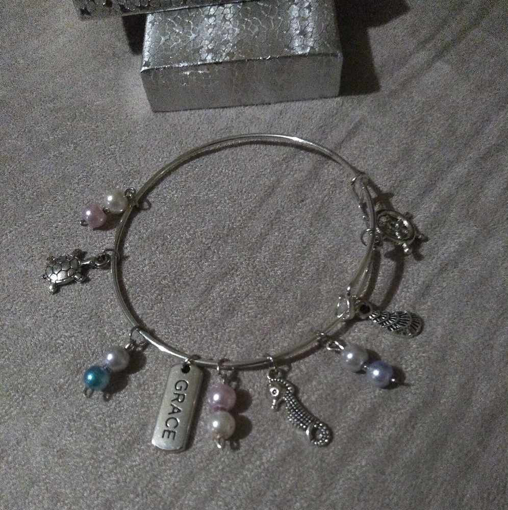 Sea theme charm bracelet , handmade pink and blue